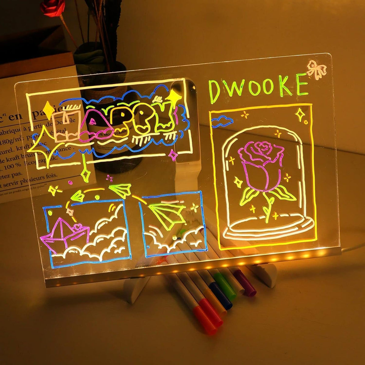 2025 LED Note Board with 7 Colors Pen,Magic Note Board Glowing Acrylic Message Marker Board with Light,Led Illuminated Drawing Board Light up Dry Erase Board with Stand for Office School Home 8 * 8In