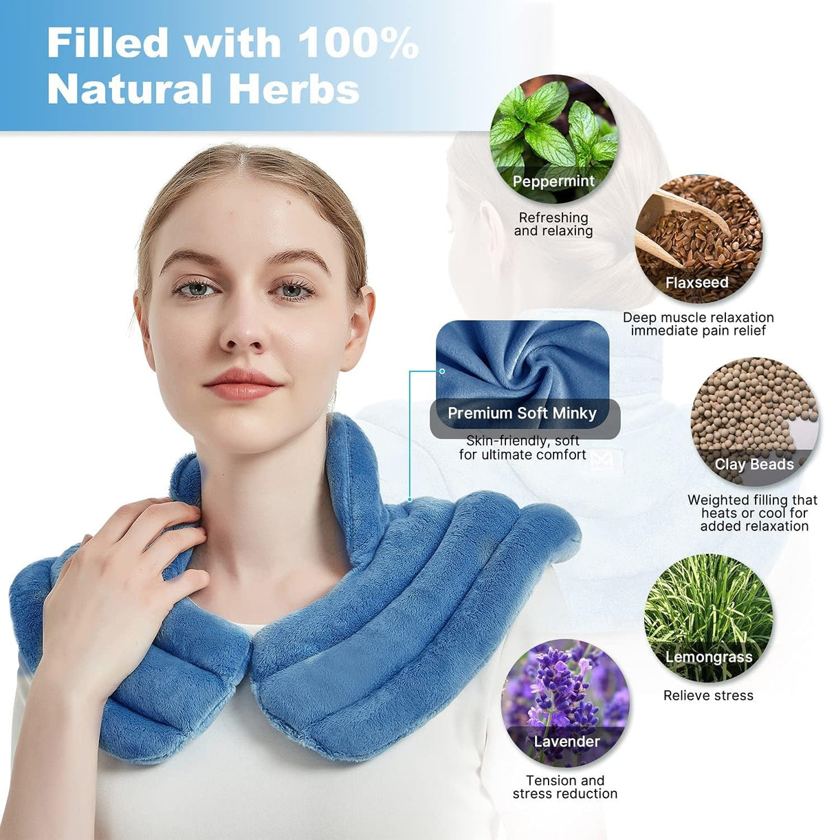 Neck Heating Pad Microwavable for Shoulders, Warmer Wrap Microwave Heating Pad for Neck and Shoulders for Pain Relief (Light Blue)